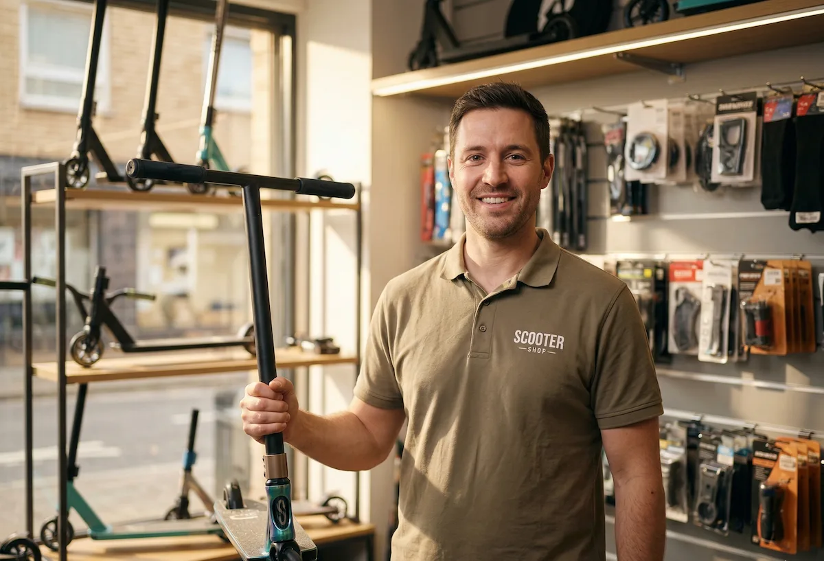 Shop owner with scooter